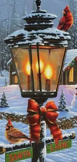 Cozy winter scene with cardinals, snowman, and lantern by a cabin.