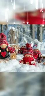 Knitted figures in snowy winter wonderland with festive charm.