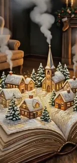 Miniature snowy village on open book with cozy ambiance.
