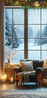 Cozy chair by window with snowy landscape and holiday decor.