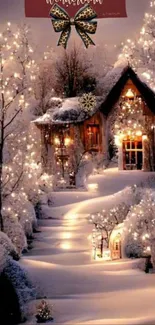 Cozy cabin in snowy winter wonderland with festive lights.