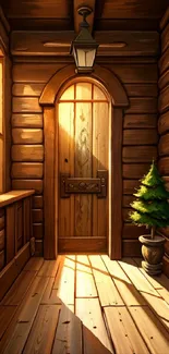 Wooden cabin entrance with warm lighting and rustic decor.