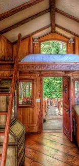 Cozy wooden cabin interior with loft bed and rustic charm.