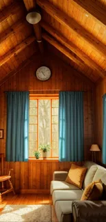 Cozy wooden cabin interior with soft lighting and rustic design elements.