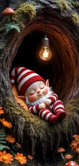 Sleeping elf in a cozy tree hollow with glowing light and mushrooms.