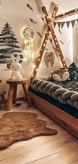 Cozy woodland-themed kid's room decor with tree wall art.