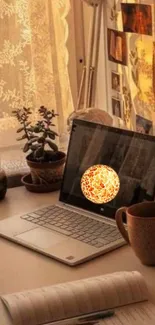 Beige cozy workspace with glowing sun on laptop screen.