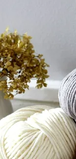 Cozy aesthetic wallpaper with yarn and dried flowers.