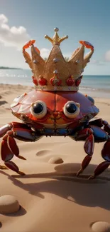 Crab wearing a crown on a sandy beach with ocean background.