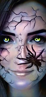 Cracked face art with glowing eyes and a spider, perfect for mobile backgrounds.