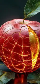 Cracked apple emitting glow with leaf detail.