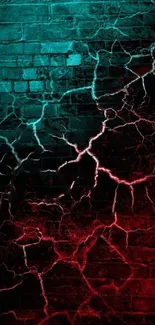 An abstract cracked brick wall in teal and red hues.