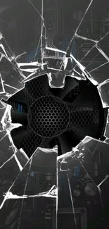 Cracked screen with circuit board design wallpaper.