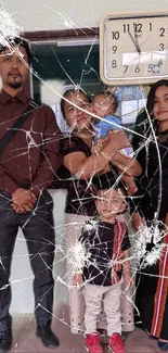 Family portrait with a cracked glass effect and a wall clock in the background.