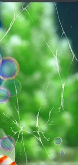 Cracked glass with bubbles on a vibrant green background wallpaper.