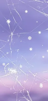 Cracked glass with snowflakes on a purple sky background wallpaper.