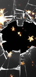 Cracked glass effect with glowing golden stars on a dark background.