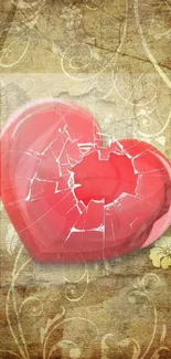 Cracked red heart on vintage floral wallpaper.