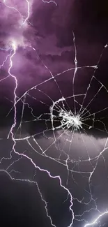 Cracked screen with lightning on a purple stormy sky phone wallpaper.