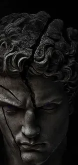 Dark cracked marble statue with intense gaze.
