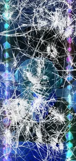 Cracked glass with neon lights wallpaper in blue and purple hues.