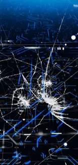 Futuristic cracked screen digital wallpaper in blue tones.