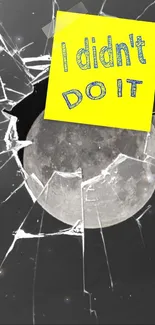 Mobile wallpaper featuring cracked screen and moon with sticky note.