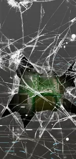 Futuristic cracked screen wallpaper with green circuits and digital design.