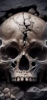 Cracked skull embedded in dark rocks wallpaper.