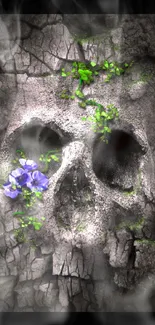 Gray cracked skull with flowers and greenery wallpaper.