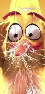 Yellow cartoon character with cracked screen effect.