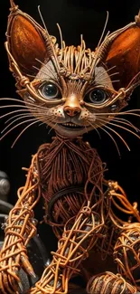 Intricate metal cat sculpture with detailed craftsmanship.