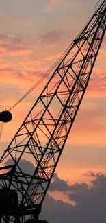 Silhouetted cranes with a peach sunset sky background.