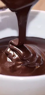 Rich chocolate pouring into a white bowl, showcasing creamy texture.