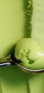 Scoop of creamy green ice cream with smooth texture and spoon.