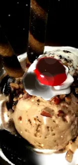 Decadent ice cream sundae with cherry and chocolate on dark background.