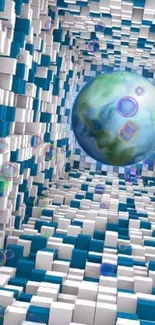 3D Earth surrounded by geometric blue and white cubes with bubbles floating.