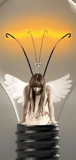 Angel with wings sitting in a glowing light bulb, creative and surreal artwork.