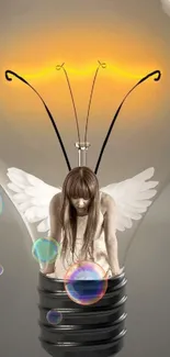 Artistic angel in a lightbulb, creative mobile wallpaper.