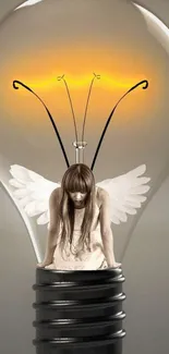 Mobile wallpaper of an angel sitting inside a glowing lightbulb with a soft, ethereal design.