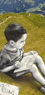 Child drawing street art on grassy hilltop.