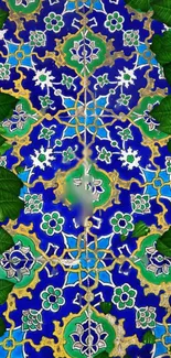 Colorful floral tile pattern with green leaves