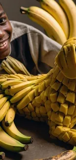 Creative banana dog sculpture with smiling child in vibrant yellow hues.