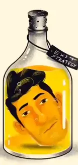 Artistic portrait inside a bottle with bold yellow hues and creative design.