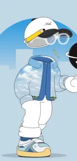 Cartoon character with sky jacket and hat holds a black ball.