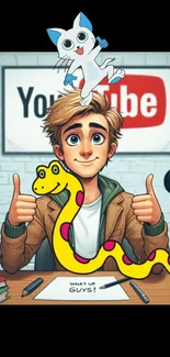 Creative cartoon YouTube-themed wallpaper with characters.