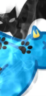 Blue bird with cat and paw prints, abstract design.