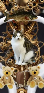 A cat sits amid gears, a fish, and teddy bears in a steampunk-themed wallpaper.