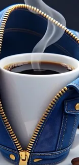 Creative mug design with denim and coffee.