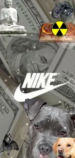 Collage of currency, dogs, symbols, and Nike logo on mobile wallpaper.